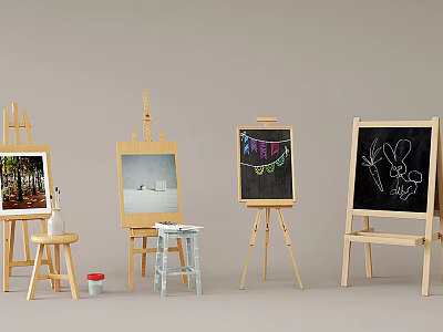 Wooden Easels With Paintings Drawing Boards And Art Supplies For Artists 3d model