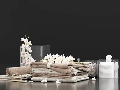 Soft Folded Brown Towels With White Flowers In Glass Vase And Tissue Box 3d model
