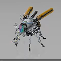 Futuristic Mechanical Insect With Orange Propellers And Colorful Head Lights On Reflective Surface