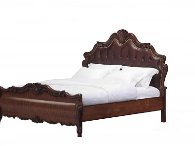 Traditional Double Bed Featuring Carved Leather Headboard Wooden Frame White Sheets And Pillows 3d model