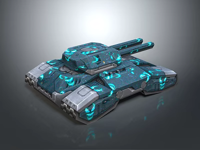 Futuristic Tank Weapon with Dual Cannons Blue Glowing Patterns and High Tech Dark Colored Body 3d model