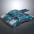 Futuristic Tank Weapon with Dual Cannons Blue Glowing Patterns and High Tech Dark Colored Body