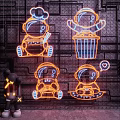Vibrant Neon Decorative Lights With Various Cartoon Characters On Grid Background 3d model
