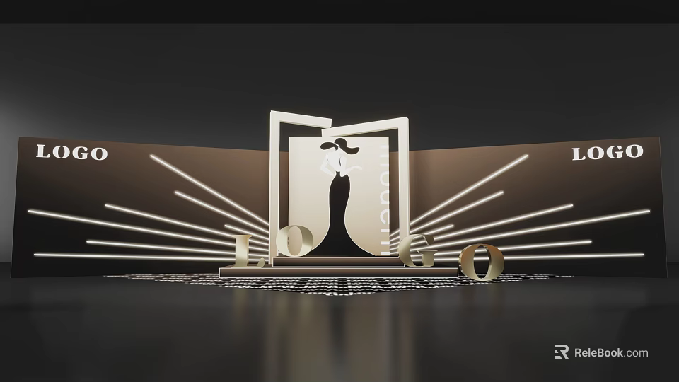 Elegant Banquet Hall With Black Dress Silhouette Gold Radial Lines Number 10 And LO Letters 3d model 
