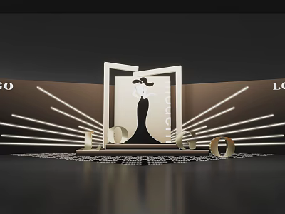 Elegant Banquet Hall With Black Dress Silhouette Gold Radial Lines Number 10 And LO Letters 3d model