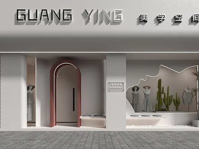 Modern Shop Facade With White Exterior Arched Door Display Window Mannequins And Cacti Decor 3d model