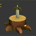 Detailed Sword With Red Hilt Placed On Wooden Tree Stump With Ring Texture