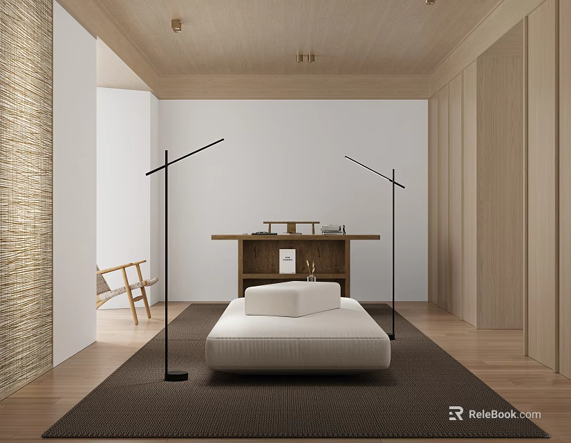 Minimalist Study Room Interior With Wooden Desk Floor Lamps And Woven Wall 3d model 
