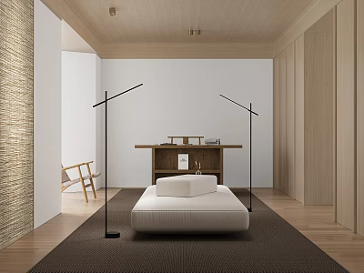 Minimalist Study Room Interior With Wooden Desk Floor Lamps And Woven Wall 3d model