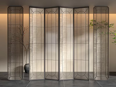 Modern Room Divider With Geometric Metal Frame And Woven Panels In Interior Space 3d model
