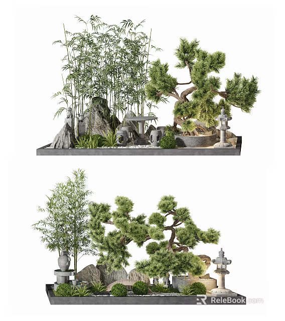 Traditional Courtyard Garden with Bamboo Pine Trees Rock Formations Stone Lanterns Stone Table and Stools 3d model 