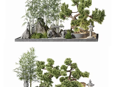 Traditional Courtyard Garden with Bamboo Pine Trees Rock Formations Stone Lanterns Stone Table and Stools 3d model