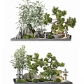 Traditional Courtyard Garden with Bamboo Pine Trees Rock Formations Stone Lanterns Stone Table and Stools