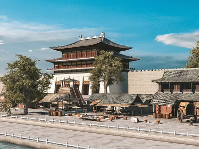 Traditional Chinese Ancient Scenery With Multi story Pavilion Grey Tiles Green Trees And Stone Path 3d model