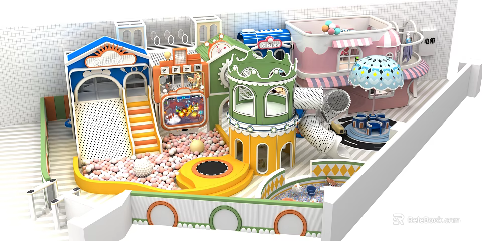 Colorful Indoor Playground With Slide Ball Pit Trampoline Ice Cream Cart And Umbrella Decorations 3d model 