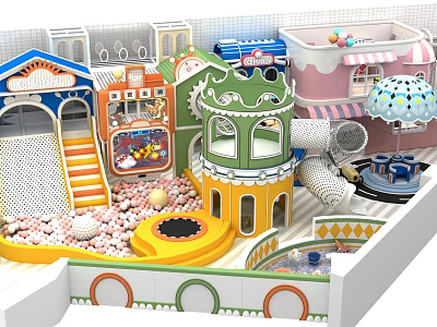 Colorful Indoor Playground With Slide Ball Pit Trampoline Ice Cream Cart And Umbrella Decorations 3d model