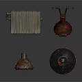 Vintage Industrial Metal Lamps And Decorative Tools On Dark Background