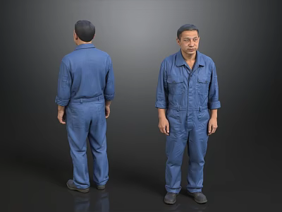 Man Wearing Blue Work Overalls Front and Back Views on Dark Background 3d model