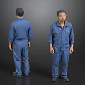 Man Wearing Blue Work Overalls Front and Back Views on Dark Background