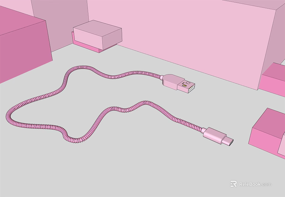 Pink Charging Cable With USB And Type C Connectors For Mobile Devices 3d model 