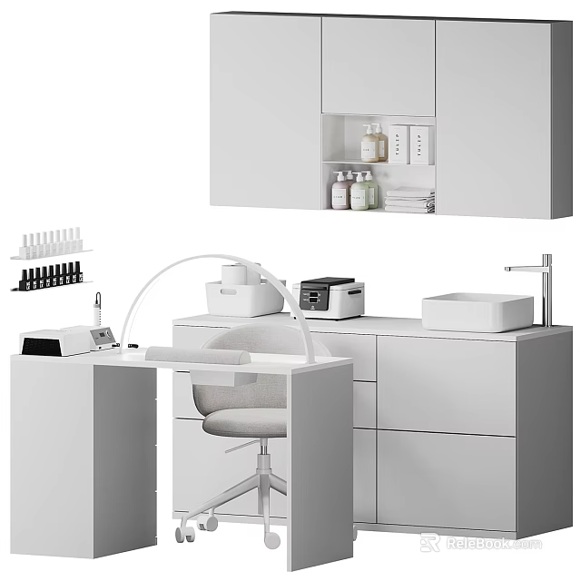 Modern Nail Salon Interior Design With White Workstation Chair Lamp And Tools 3d model 