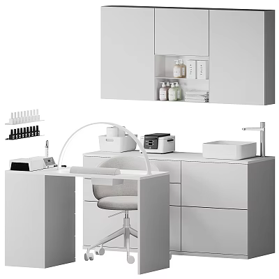Modern Nail Salon Interior Design With White Workstation Chair Lamp And Tools 3d model