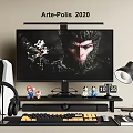 Modern Gaming PC Setup With Monitor Headphones Keyboard Desk Lamp Game Figurines And Clock