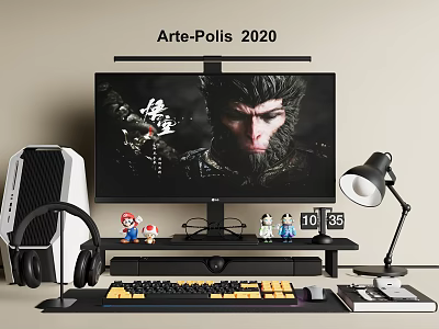 Modern Gaming PC Setup With Monitor Headphones Keyboard Desk Lamp Game Figurines And Clock 3d model