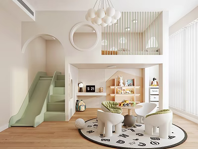 Bright Kids Room Interior With Slide Round Chandelier And Storage 3d model