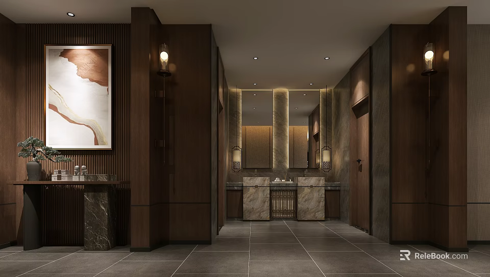 Modern Public Toilet Interior Design With Wooden Walls Marble Sinks Mirrors And Lighting 3d model 