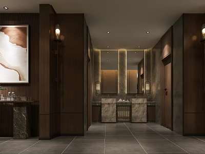 Modern Public Toilet Interior Design With Wooden Walls Marble Sinks Mirrors And Lighting 3d model