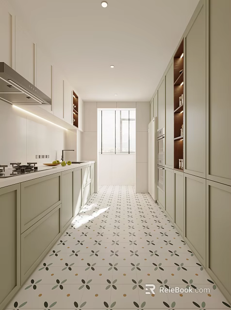 Sleek Modern Kitchen Interior With White Cabinets Countertop And Patterned Tile Floor 3d model