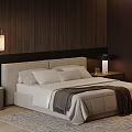 Modern Double Bed With White Bedding Pillows Throw Blanket Nightstands Lamps And Wooden Wall