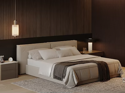 Modern Double Bed With White Bedding Pillows Throw Blanket Nightstands Lamps And Wooden Wall 3d model