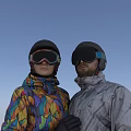 Two People Wearing Helmets And Ski Suits Standing Together For Winter Sports