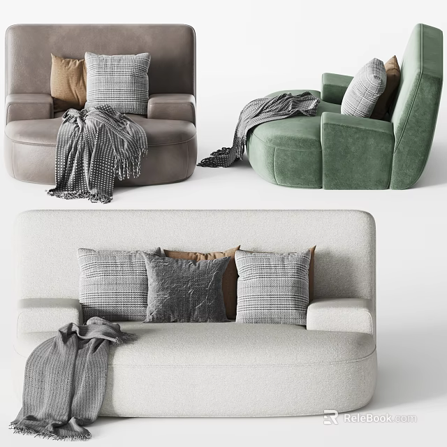 Modern Fabric Sofa Set With Decorative Pillows Knitted Throws And Neutral Green Tones 3d model 