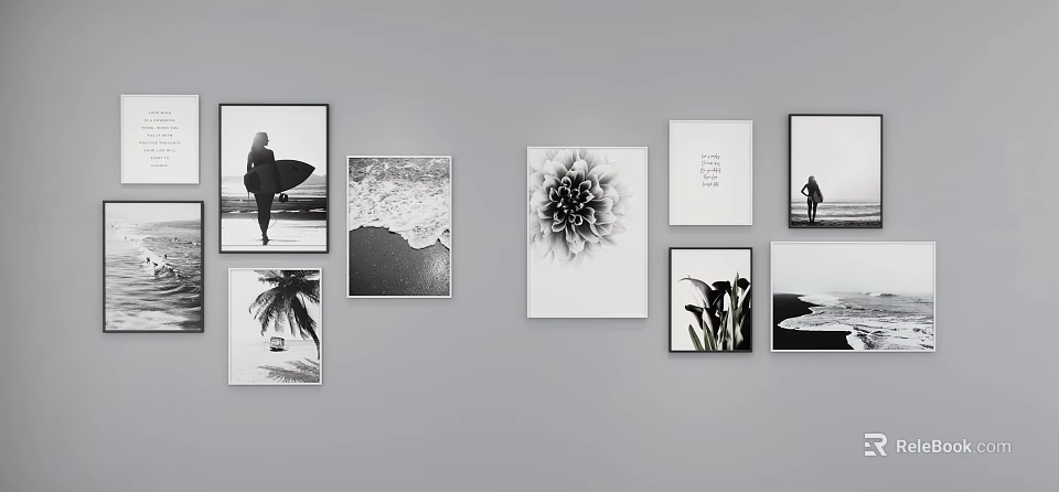 Black and White Wall Art Collection With Surfer Ocean Waves Flower and Plants 3d model 