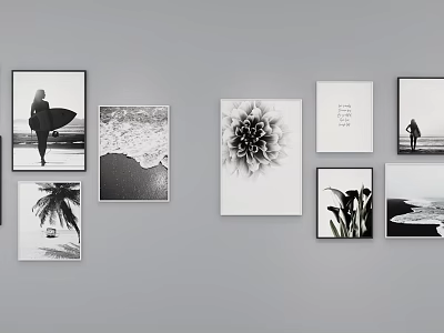 Black and White Wall Art Collection With Surfer Ocean Waves Flower and Plants 3d model