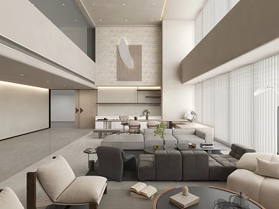 Minimalist Modern Lounge Area Interior With Gray Sofa Beige Armchair And Floor To Ceiling Windows 3d model