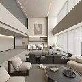 Minimalist Modern Lounge Area Interior With Gray Sofa Beige Armchair And Floor To Ceiling Windows