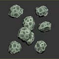 Green Polyhedral Stones With Porous Surface Floating On Gray Background With Reflections 3d model