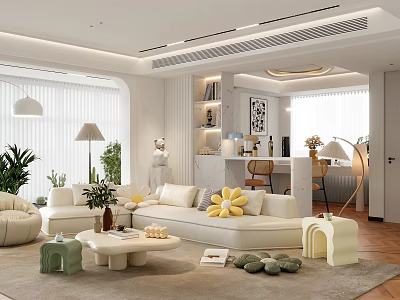 Modern Living and Dining Room Interior With Sofa Coffee Table Plants Bookshelf and Bar Counter 3d model