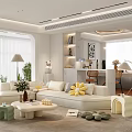 Modern Living and Dining Room Interior With Sofa Coffee Table Plants Bookshelf and Bar Counter