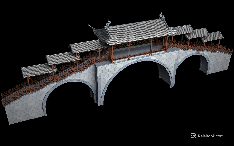 Chinese Traditional Covered Arch Bridge With Stone Arches And Wooden Roof Structure 3d model 