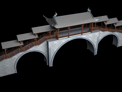 Chinese Traditional Covered Arch Bridge With Stone Arches And Wooden Roof Structure 3d model