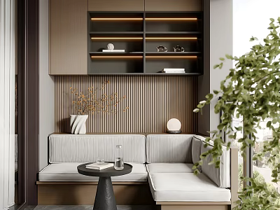 Home Balcony Design with Corner Sofa Round Table Wooden Panel Shelves and Green Plant 3d model