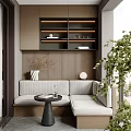 Home Balcony Design with Corner Sofa Round Table Wooden Panel Shelves and Green Plant