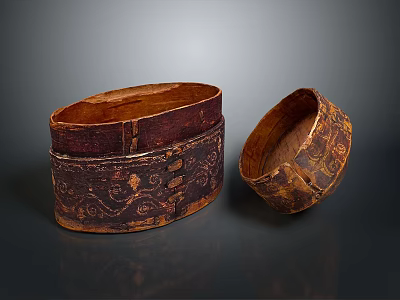 Vintage Wooden Decorative Ornament Set With Carved Patterns One Closed One Open Design 3d model