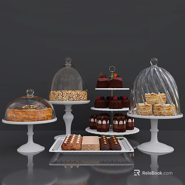 Delicious Assorted Pastries Cakes And Chocolates On Glass Dome Cake Stands 3d model 