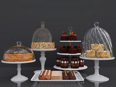 Delicious Assorted Pastries Cakes And Chocolates On Glass Dome Cake Stands 3d model